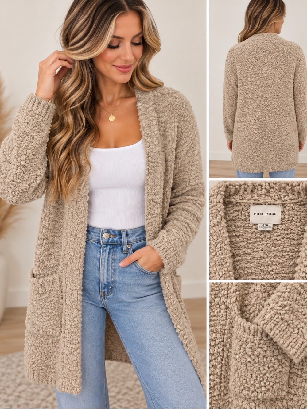 Pink Rose Women's Taupe Plush Open-Front Cardigan
